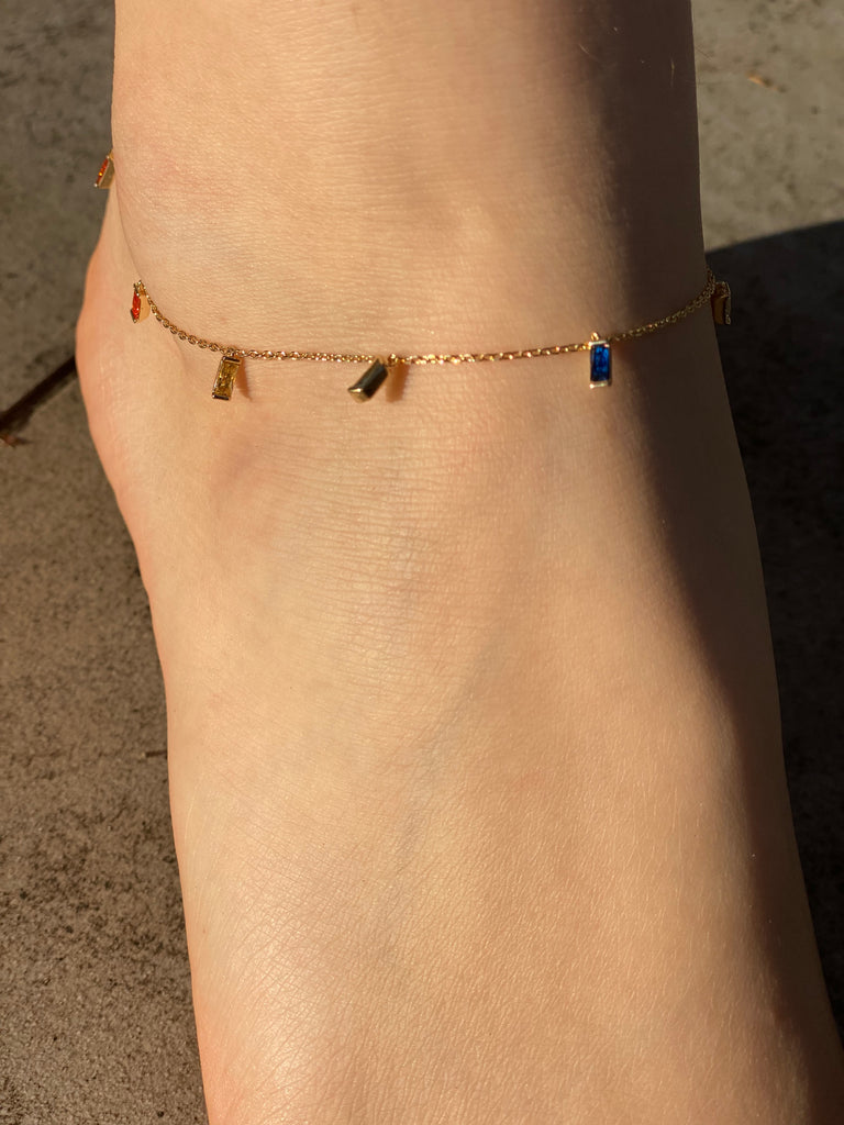 Delicate multicolour baguette gem brass anklet. 