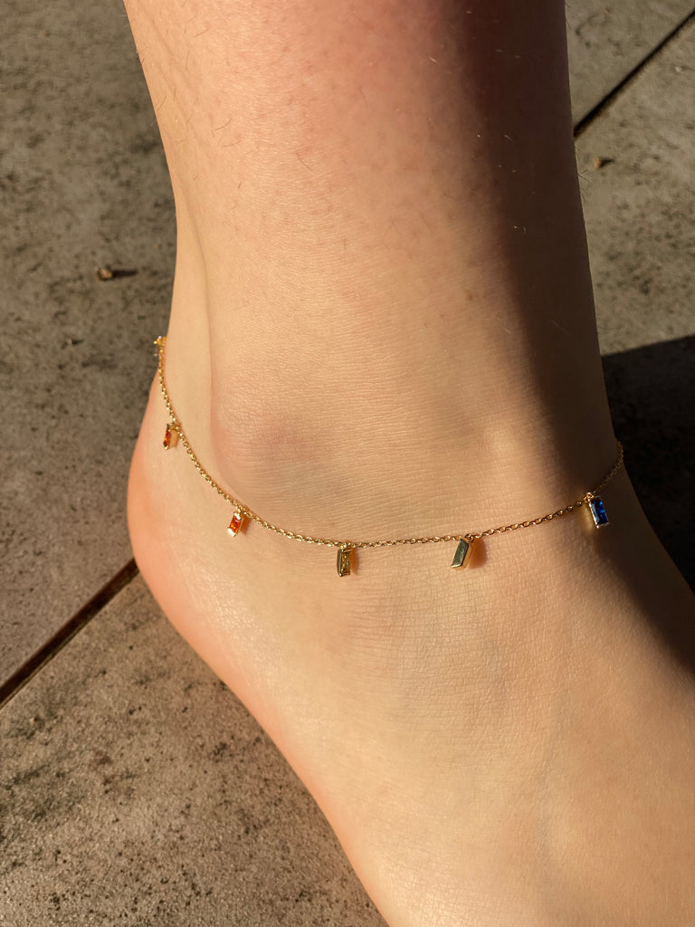 Delicate multicolour baguette gem brass anklet. 