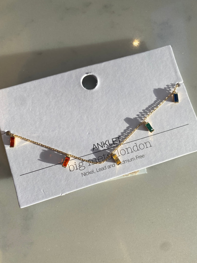 Delicate multicolour baguette gem brass anklet. 